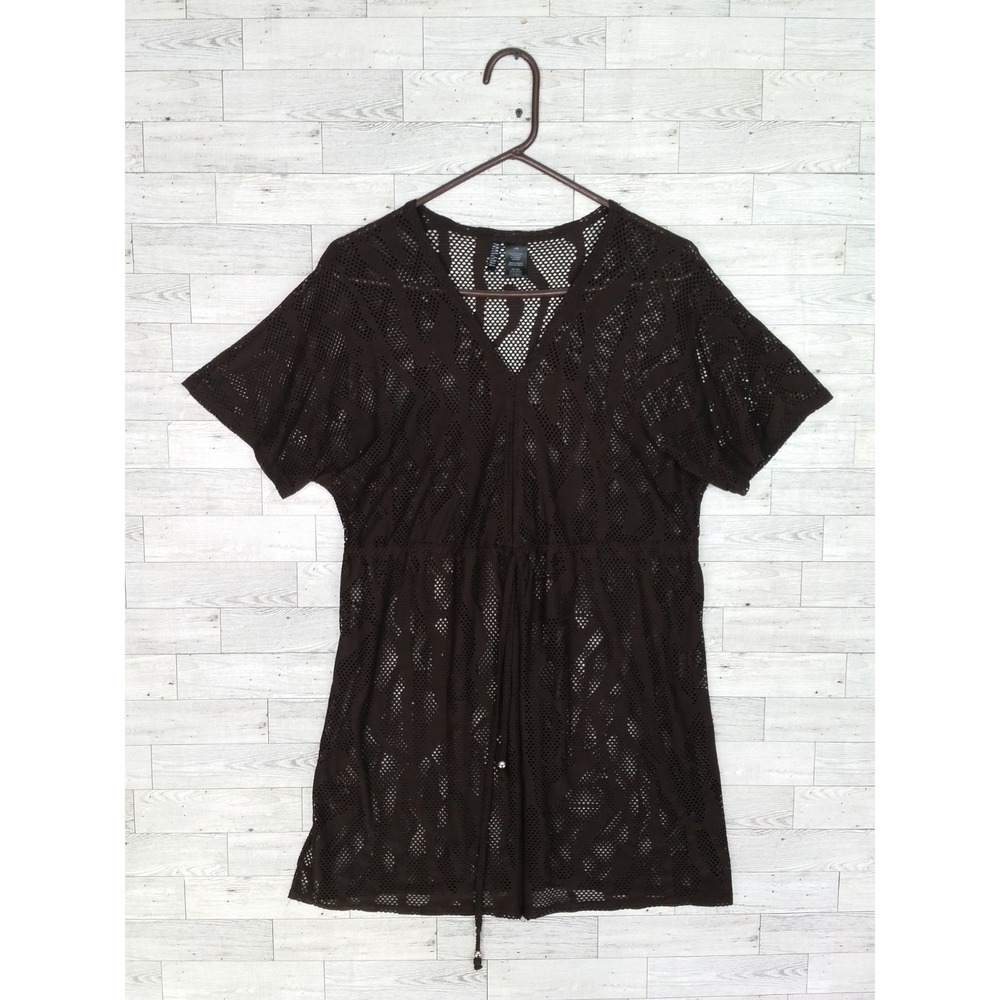 Anne Cole V-Neck Lace Mesh Tunic Bikini Swimsuit Cover Brown Large L